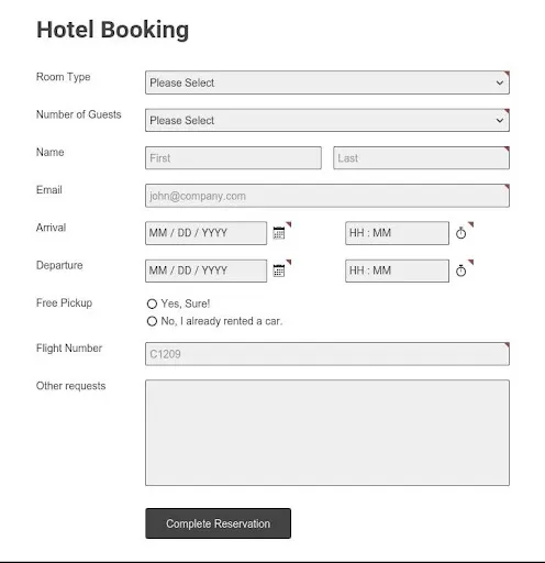 mockup for a hotel booking form