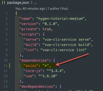 package.json with axios as dependencies